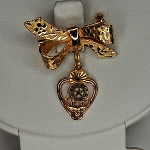 Vintage Gold Tone Bow Dangle Elk Club Heart Faux Clock With Star Brooch